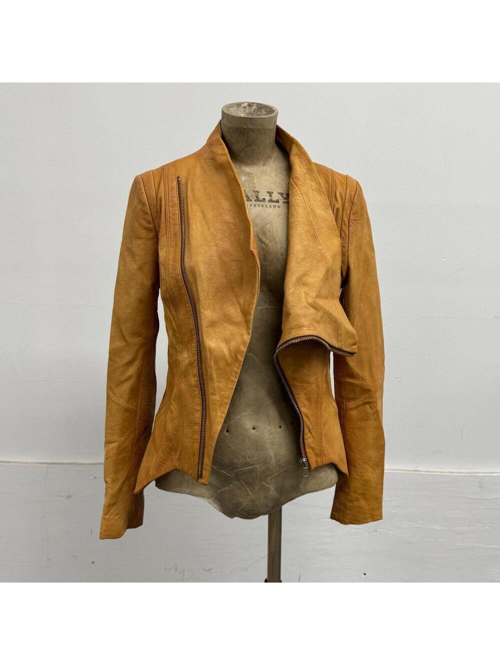 Vintage Tan Funnel Neck Asymmetric Avant Garde Leather Jacket - Picture 6 of 8